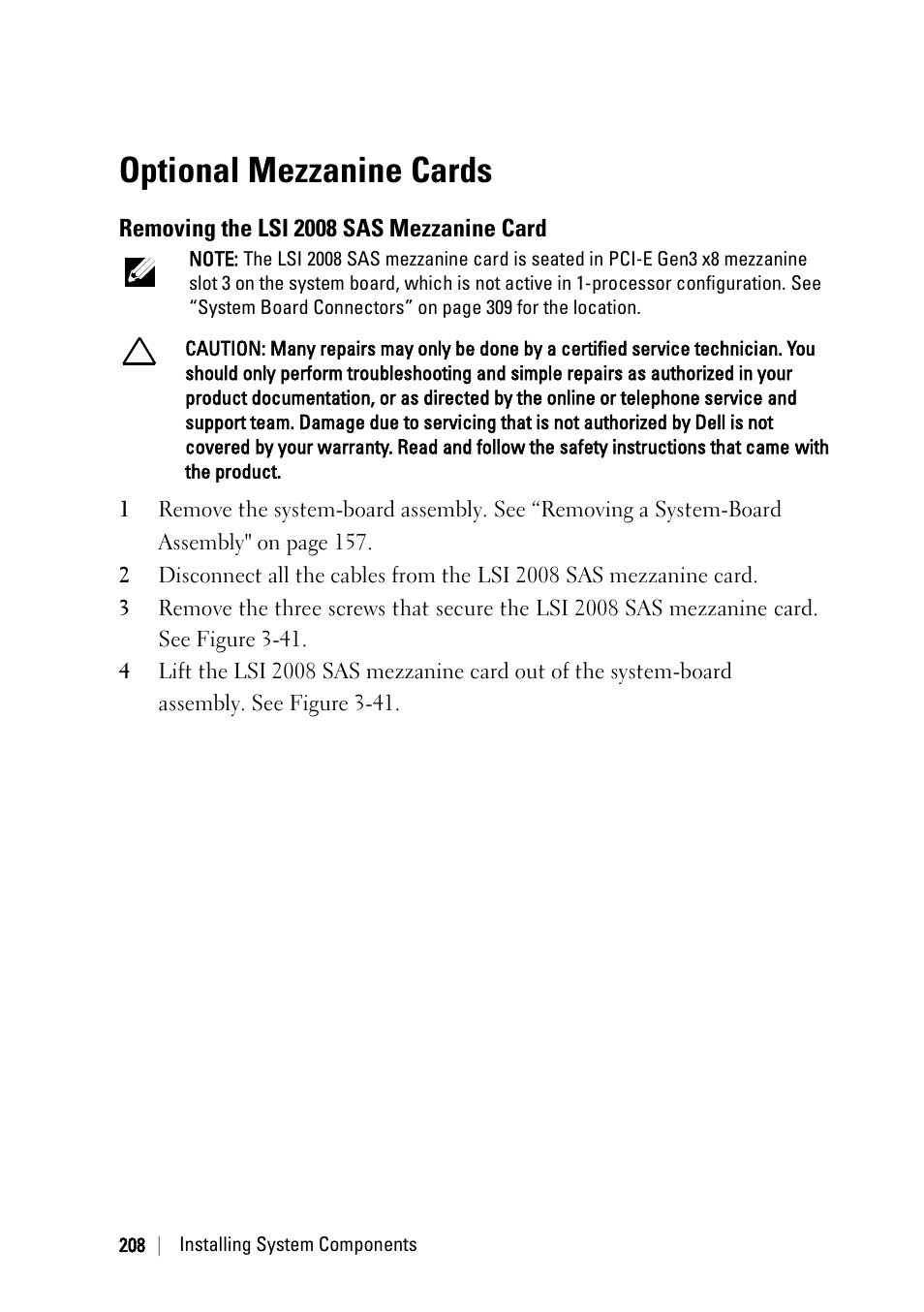 Optional mezzanine cards, Removing the lsi 2008 sas mezzanine card | Dell PowerEdge C6220 User Manual | Page 208 / 329