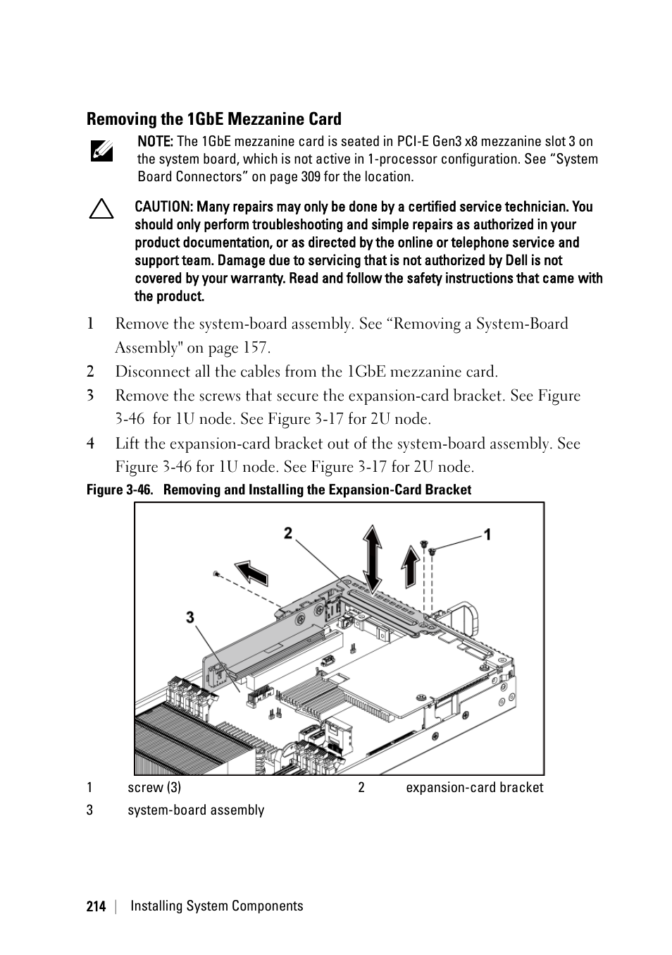 Removing the 1gbe mezzanine card | Dell PowerEdge C6220 User Manual | Page 214 / 329