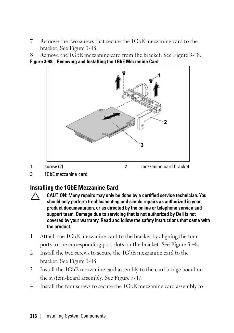 Installing the 1gbe mezzanine card | Dell PowerEdge C6220 User Manual | Page 216 / 329