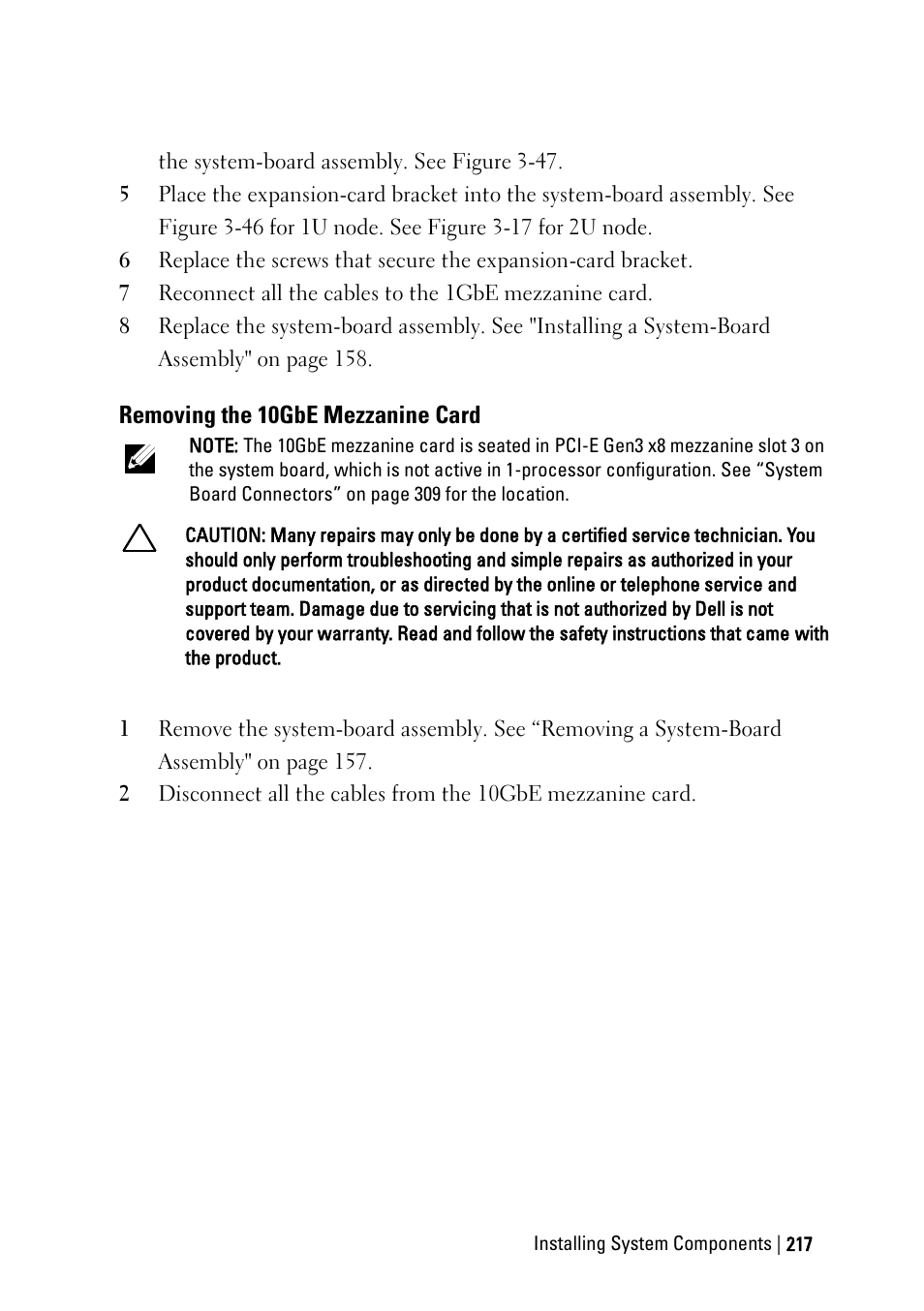 Removing the 10gbe mezzanine card | Dell PowerEdge C6220 User Manual | Page 217 / 329