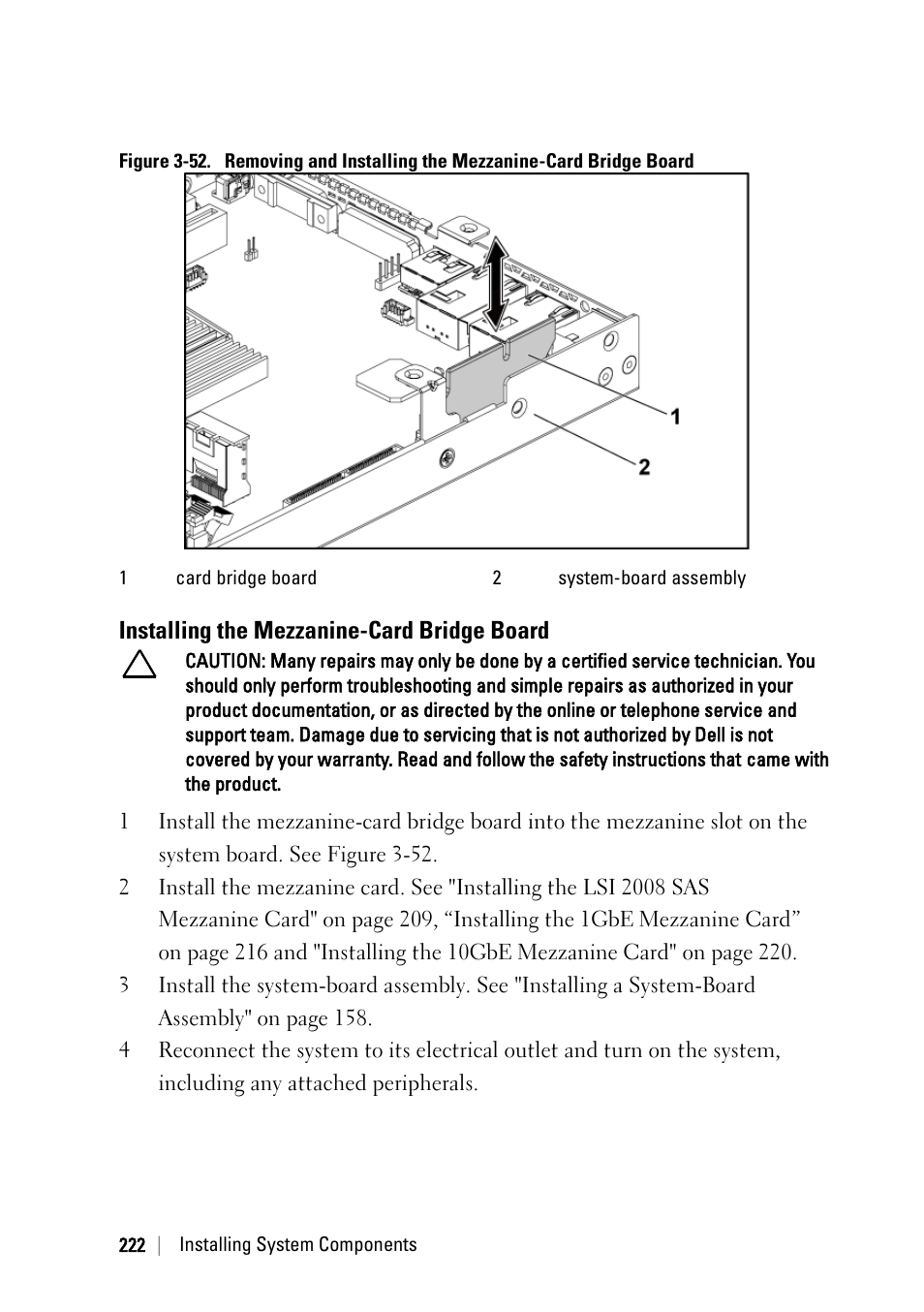 Installing the mezzanine-card bridge board, Ee figure 3-52 | Dell PowerEdge C6220 User Manual | Page 222 / 329