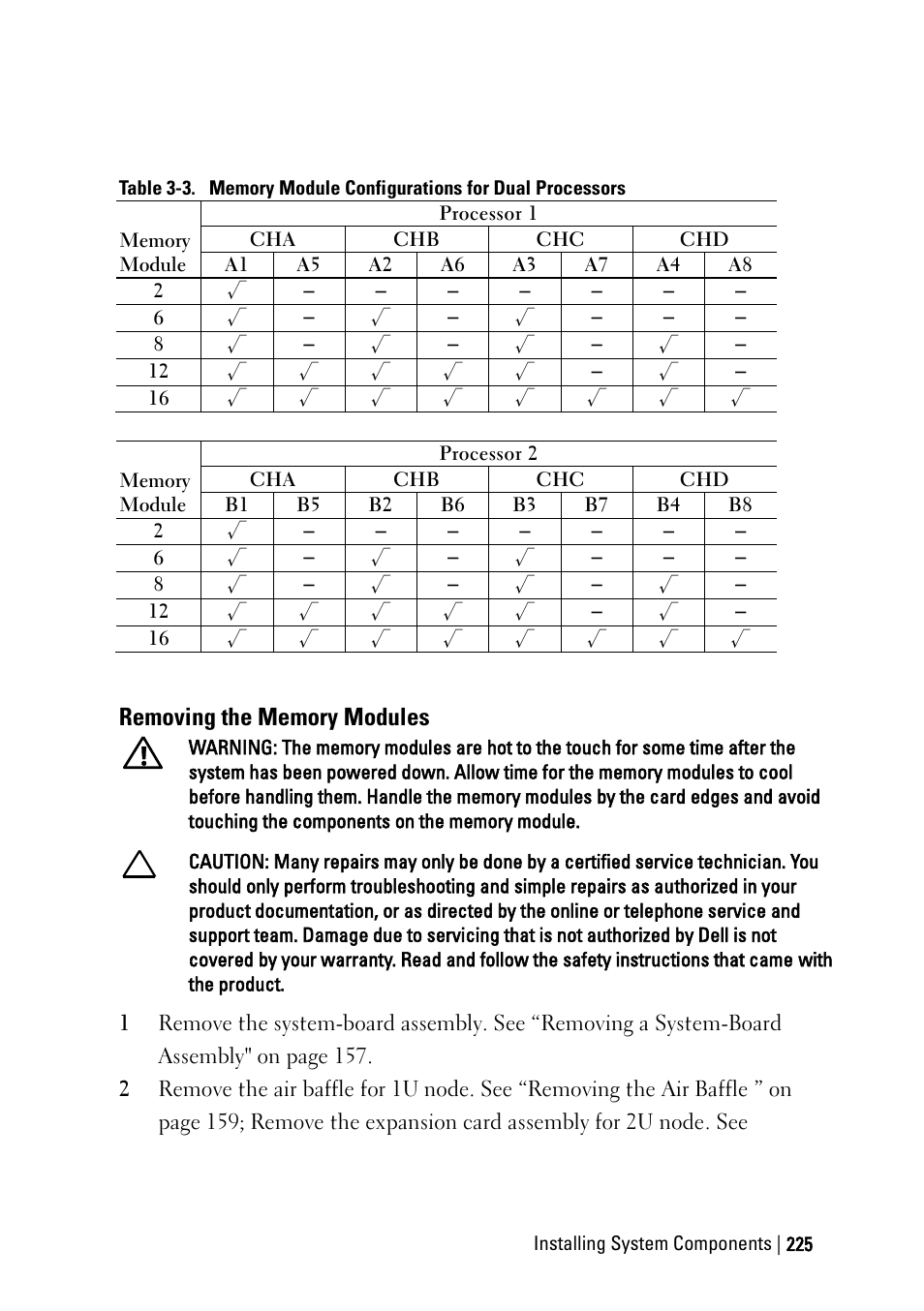 Removing the memory modules, Nd table 3-3 | Dell PowerEdge C6220 User Manual | Page 225 / 329