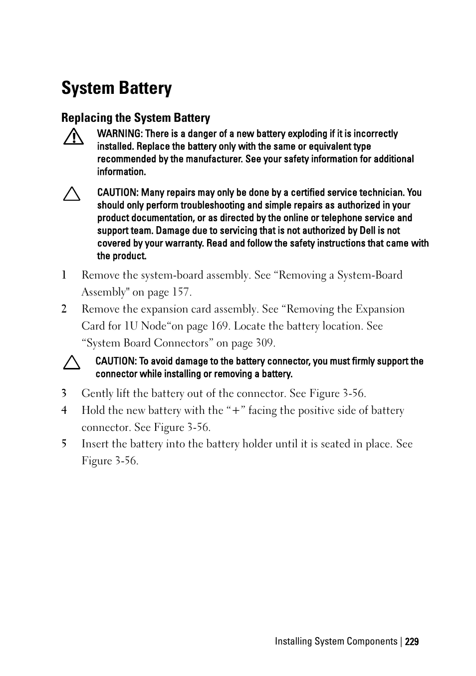 System battery, Replacing the system battery | Dell PowerEdge C6220 User Manual | Page 229 / 329