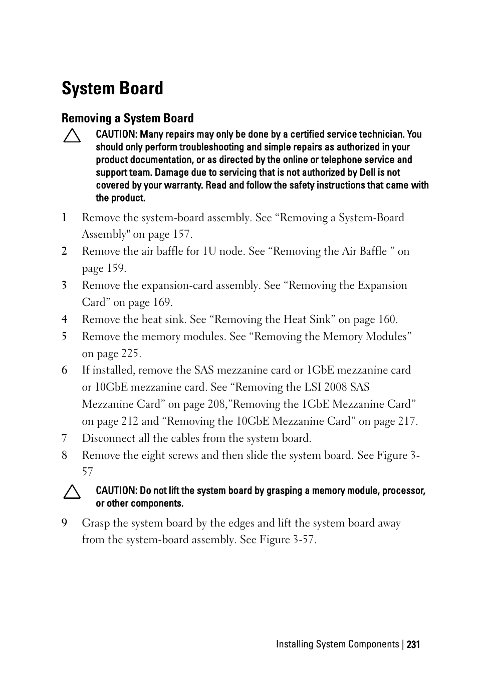 System board, Removing a system board | Dell PowerEdge C6220 User Manual | Page 231 / 329