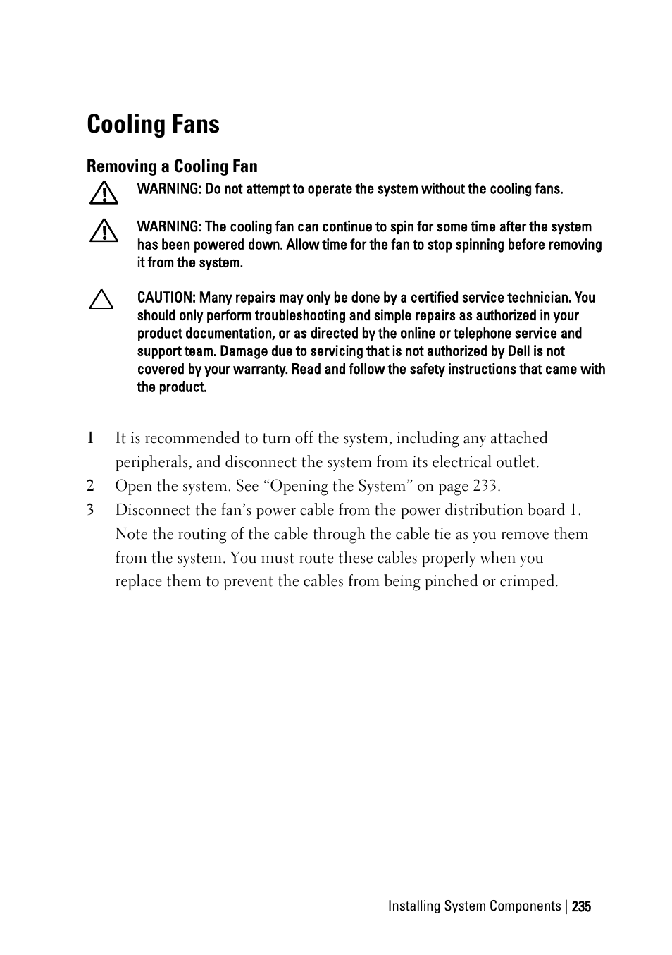 Cooling fans, Removing a cooling fan | Dell PowerEdge C6220 User Manual | Page 235 / 329