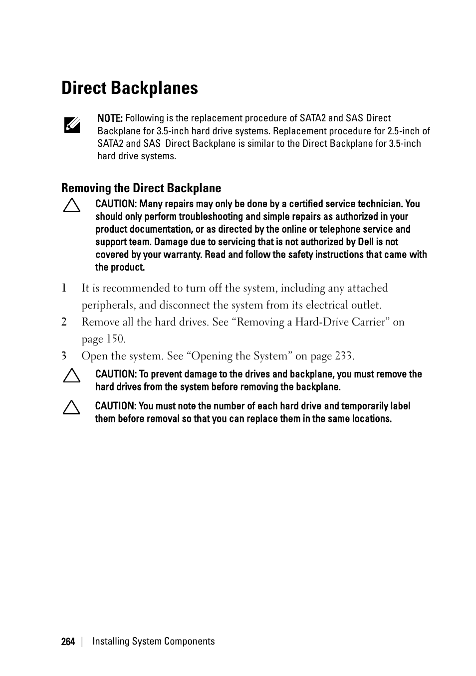 Direct backplanes, Removing the direct backplane | Dell PowerEdge C6220 User Manual | Page 264 / 329