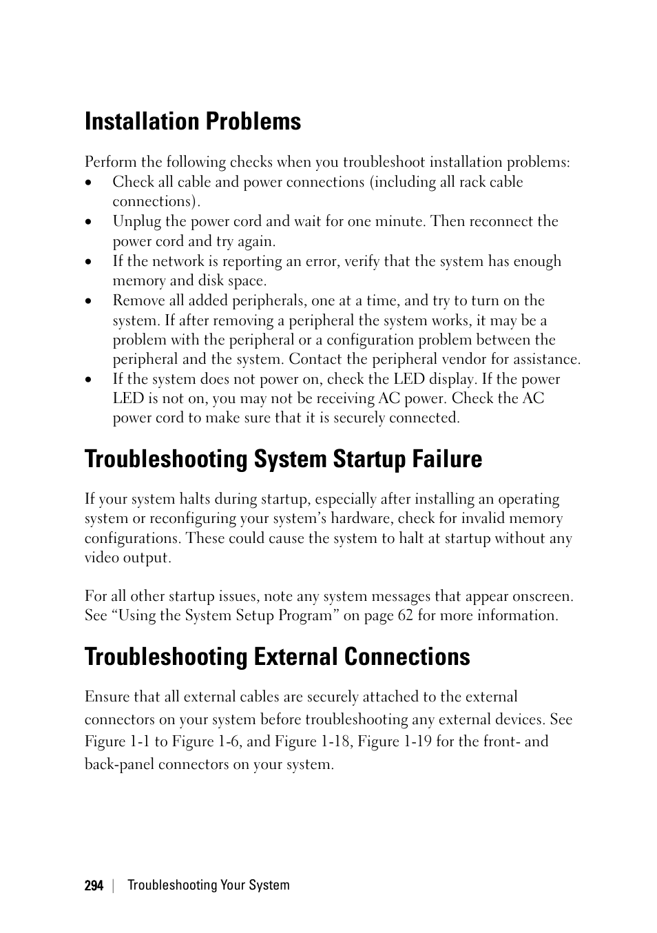 Installation problems, Troubleshooting system startup failure, Troubleshooting external connections | Dell PowerEdge C6220 User Manual | Page 294 / 329