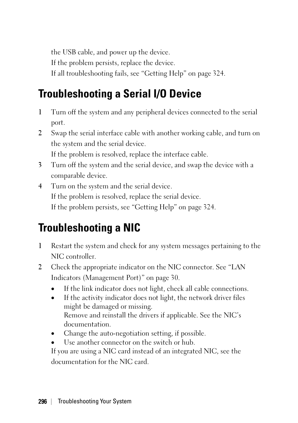 Troubleshooting a serial i/o device, Troubleshooting a nic | Dell PowerEdge C6220 User Manual | Page 296 / 329