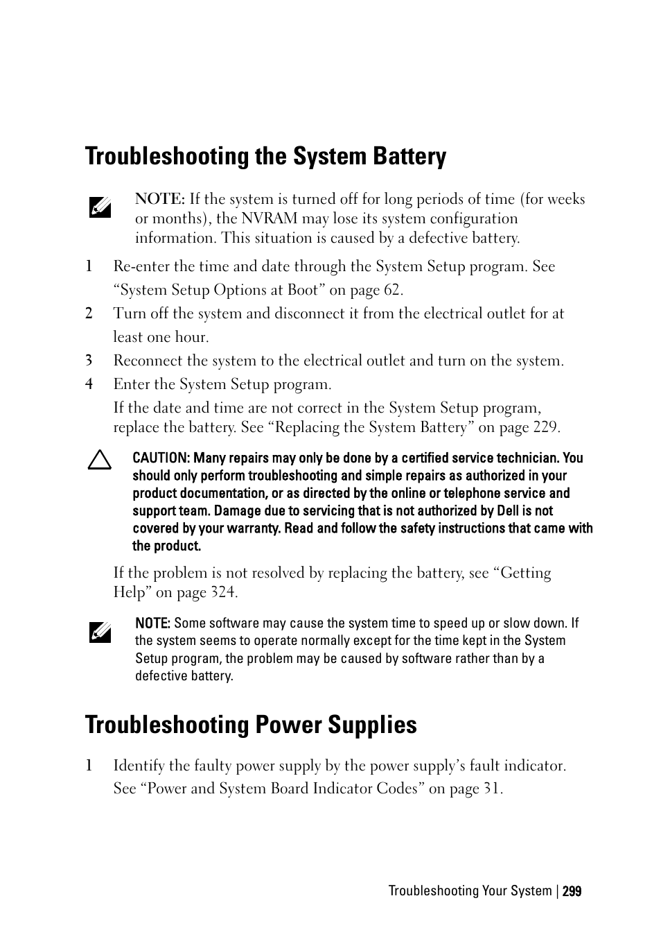 Troubleshooting the system battery, Troubleshooting power supplies | Dell PowerEdge C6220 User Manual | Page 299 / 329