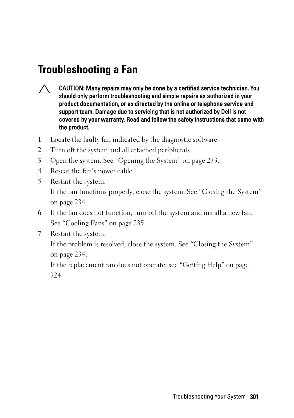 Troubleshooting a fan, Ge 301 | Dell PowerEdge C6220 User Manual | Page 301 / 329