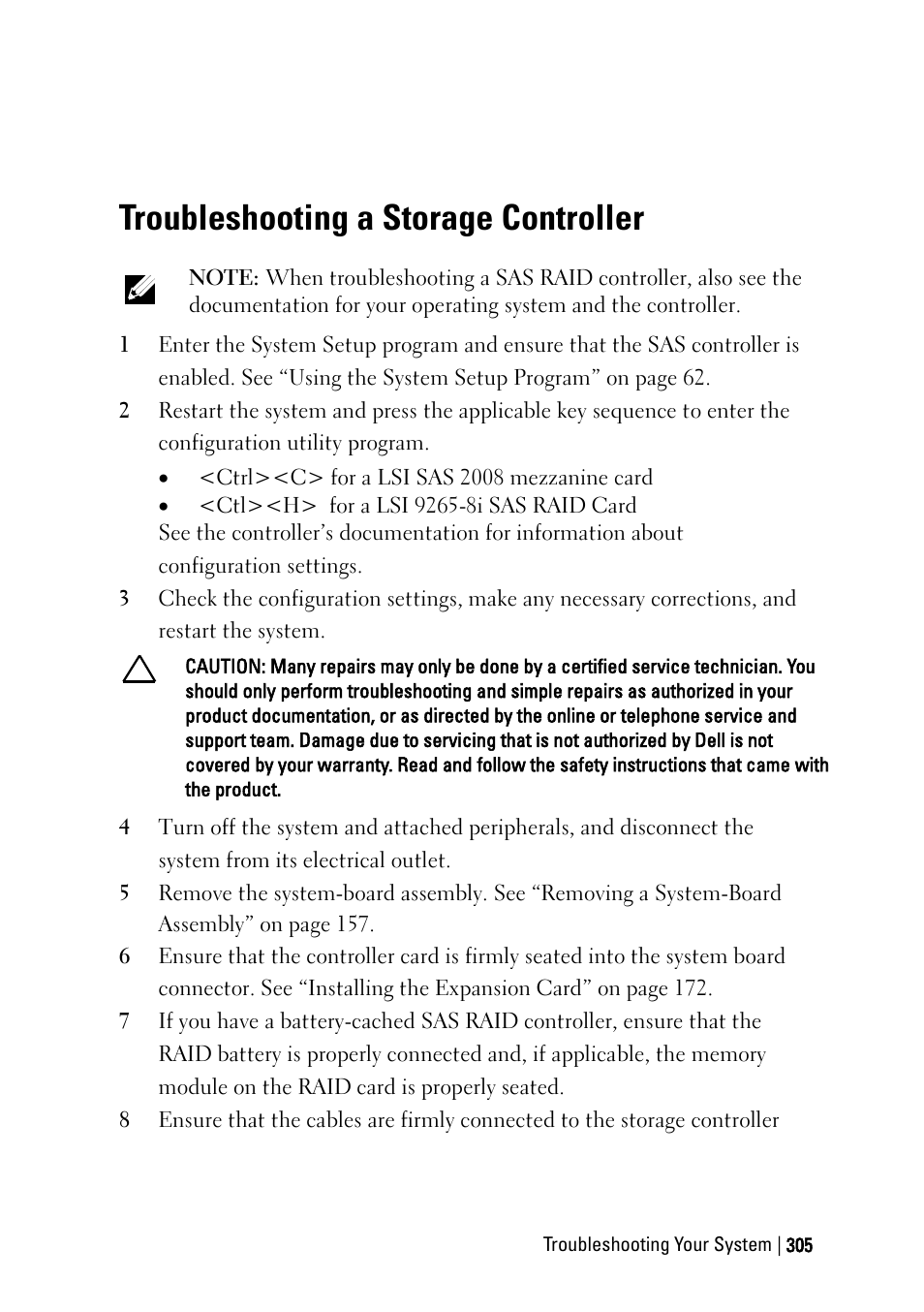 Troubleshooting a storage controller | Dell PowerEdge C6220 User Manual | Page 305 / 329