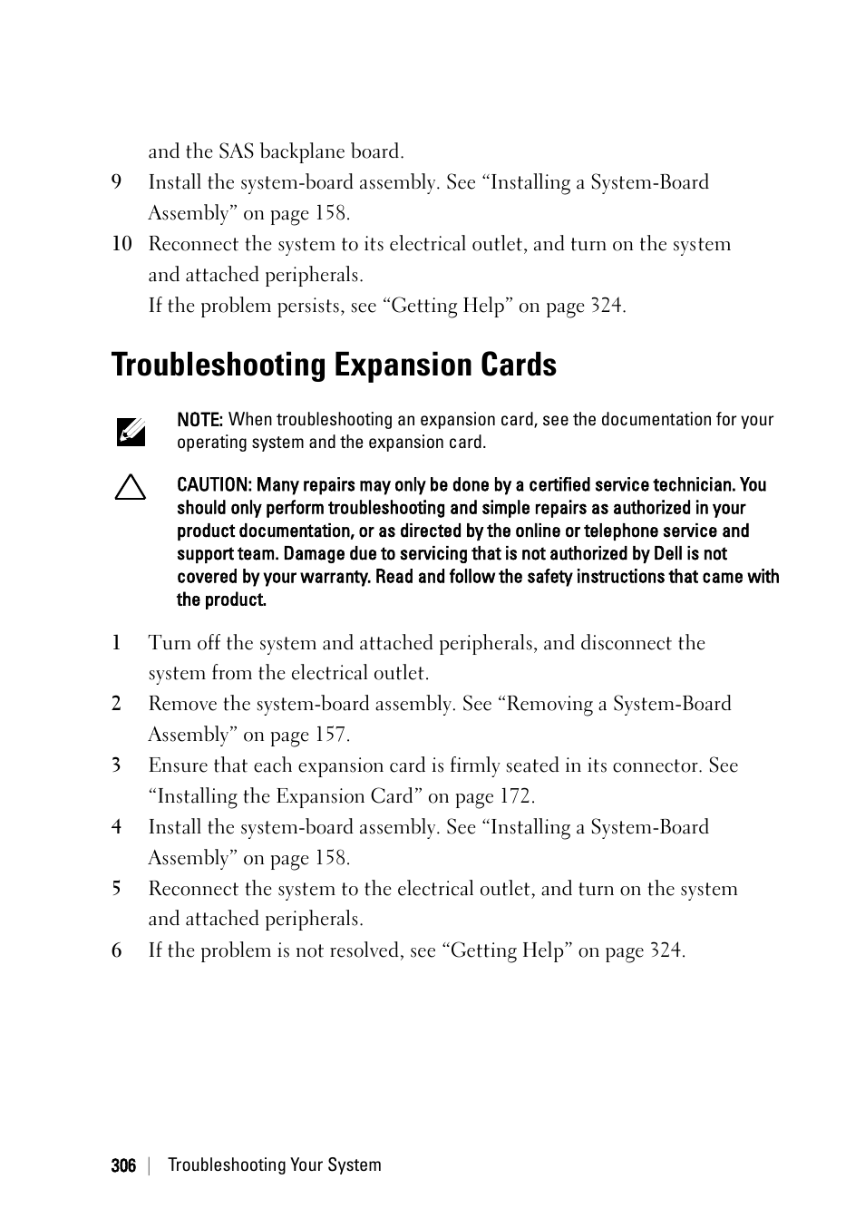 Troubleshooting expansion cards | Dell PowerEdge C6220 User Manual | Page 306 / 329
