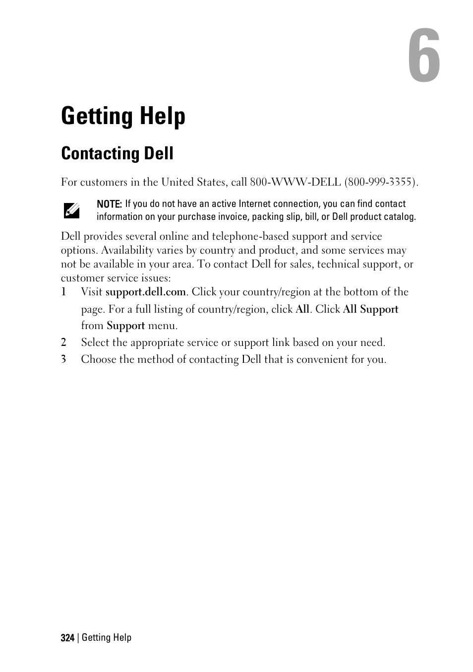 Getting help, Contacting dell, Ge 324 | Dell PowerEdge C6220 User Manual | Page 324 / 329