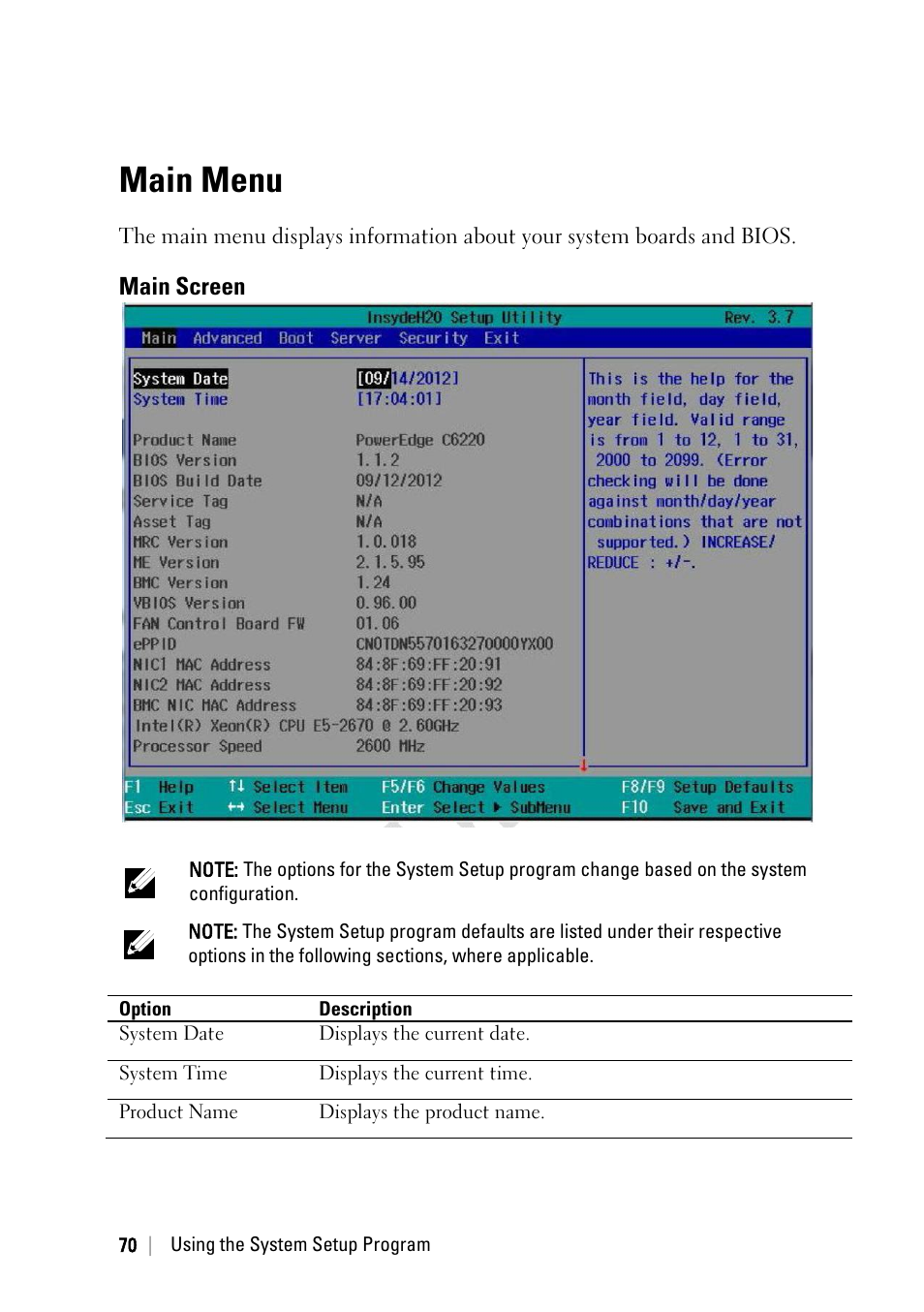 Main menu, Main screen | Dell PowerEdge C6220 User Manual | Page 70 / 329