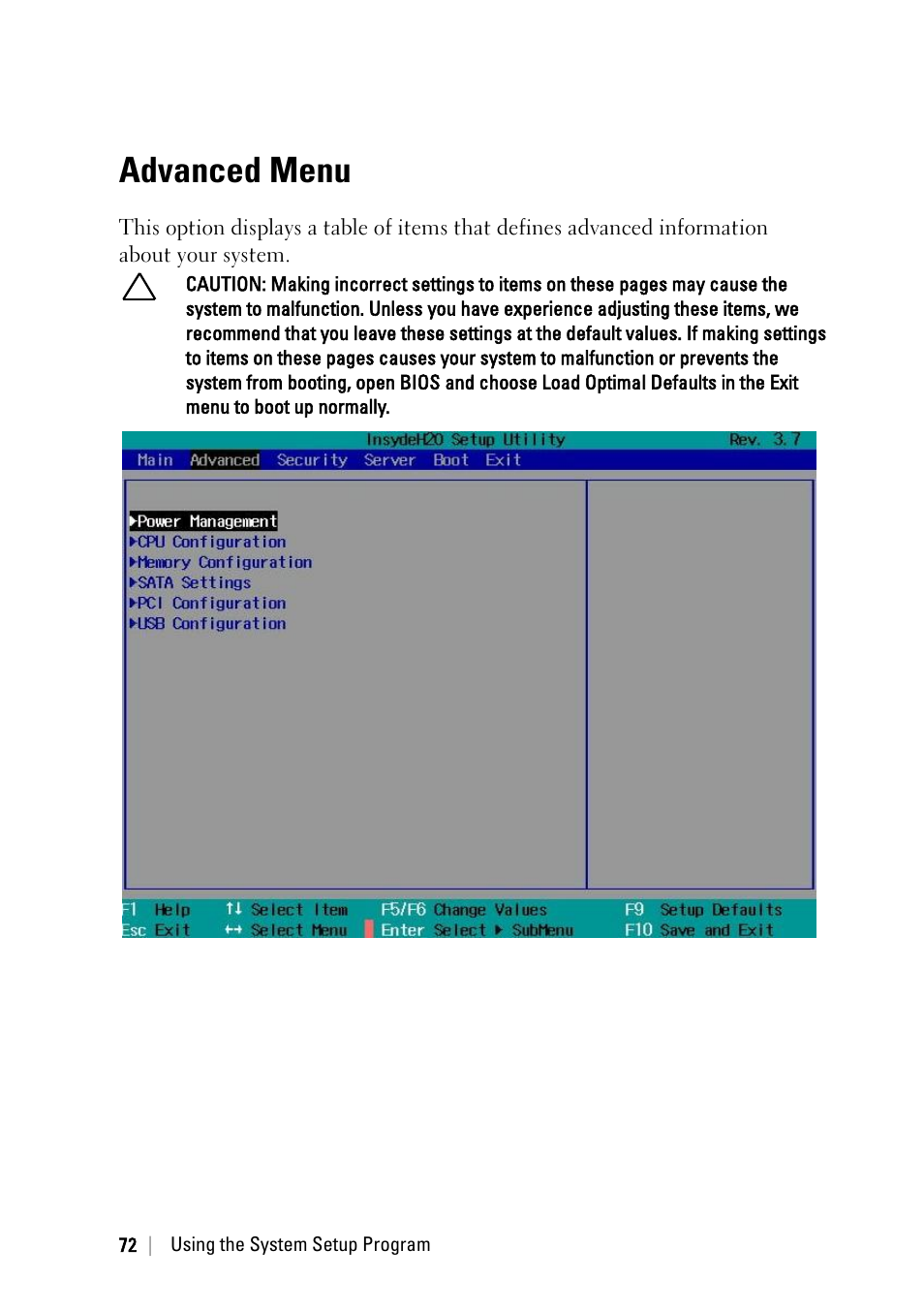 Advanced menu | Dell PowerEdge C6220 User Manual | Page 72 / 329