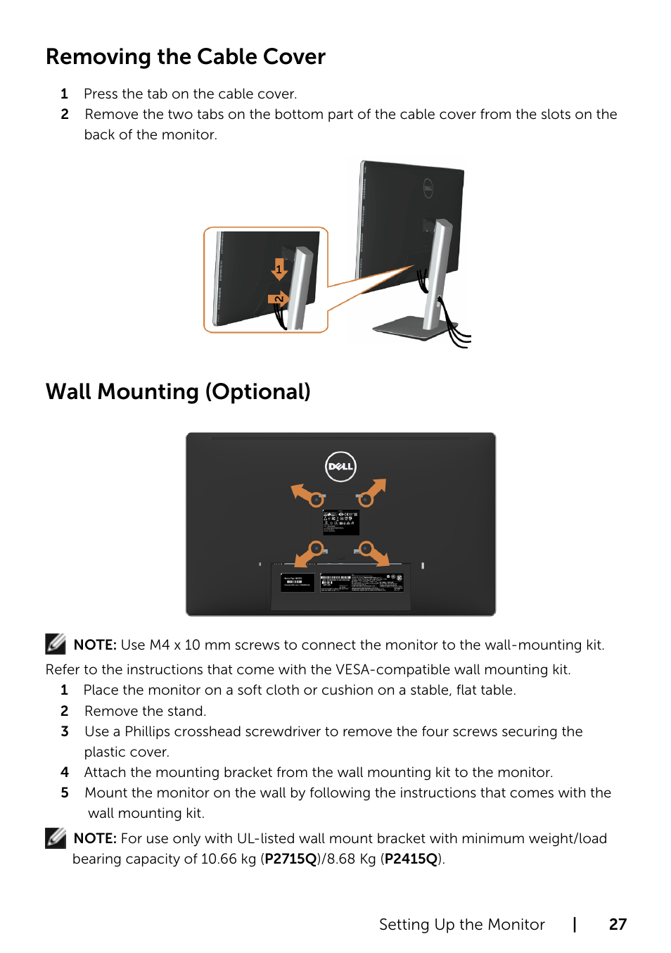 Removing the cable cover, Wall mounting (optional) | Dell P2715Q Monitor User Manual | Page 27 / 51