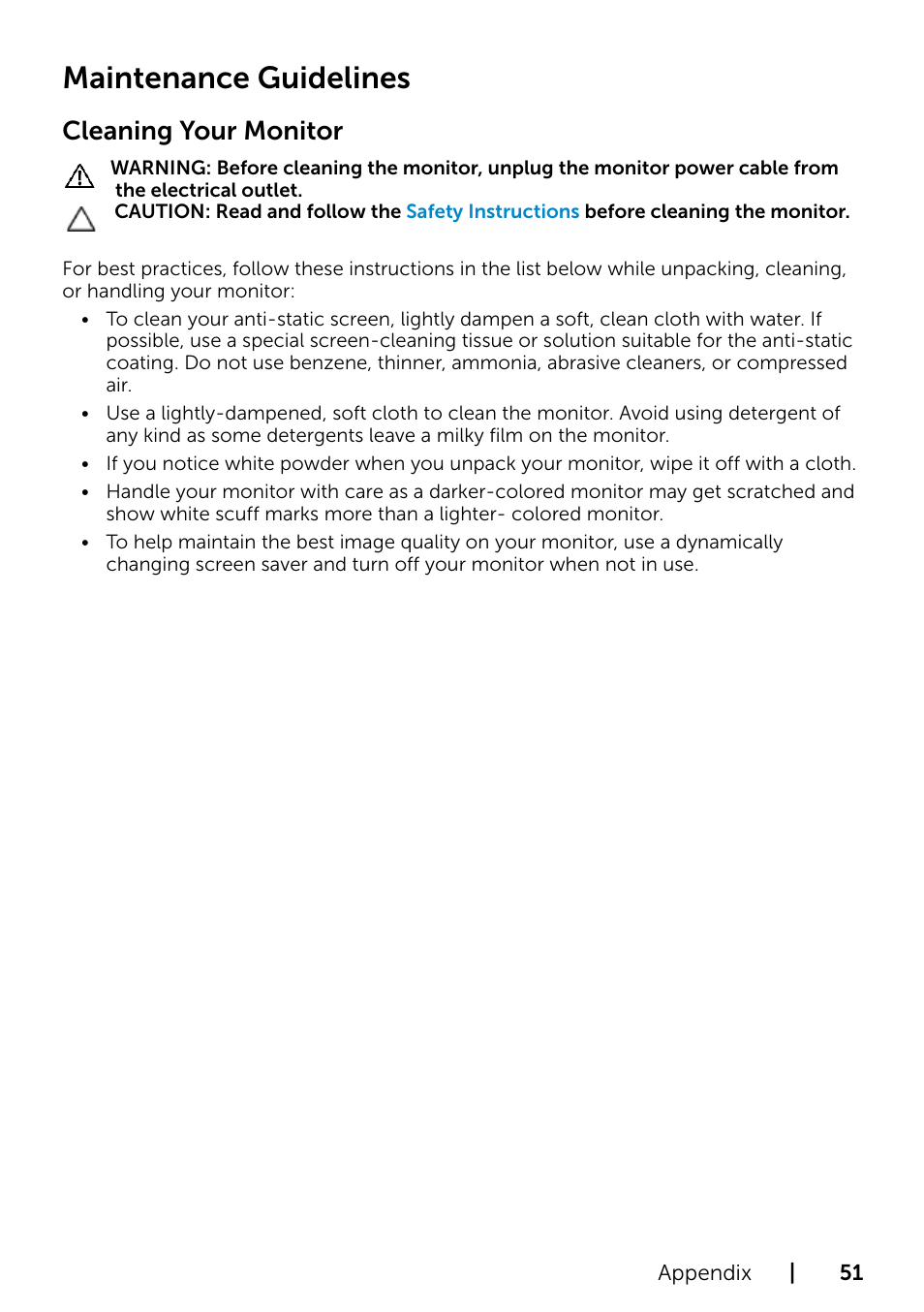 Maintenance guidelines, Cleaning your monitor | Dell P2715Q Monitor User Manual | Page 51 / 51