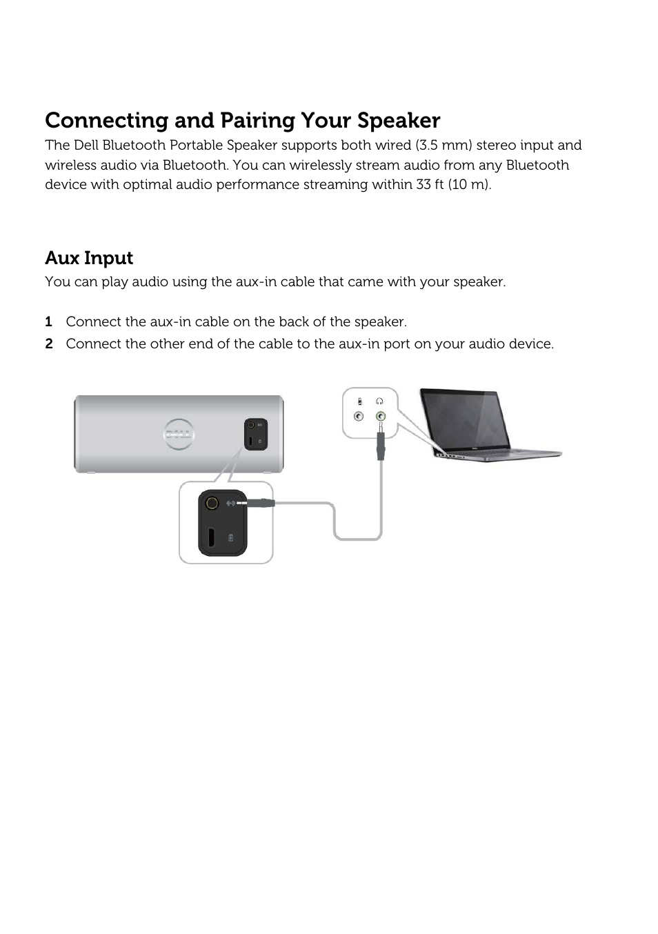 Connecting and pairing your speaker, Aux input | Dell AD211 Bluetooth Portable Speaker User Manual | Page 10 / 32