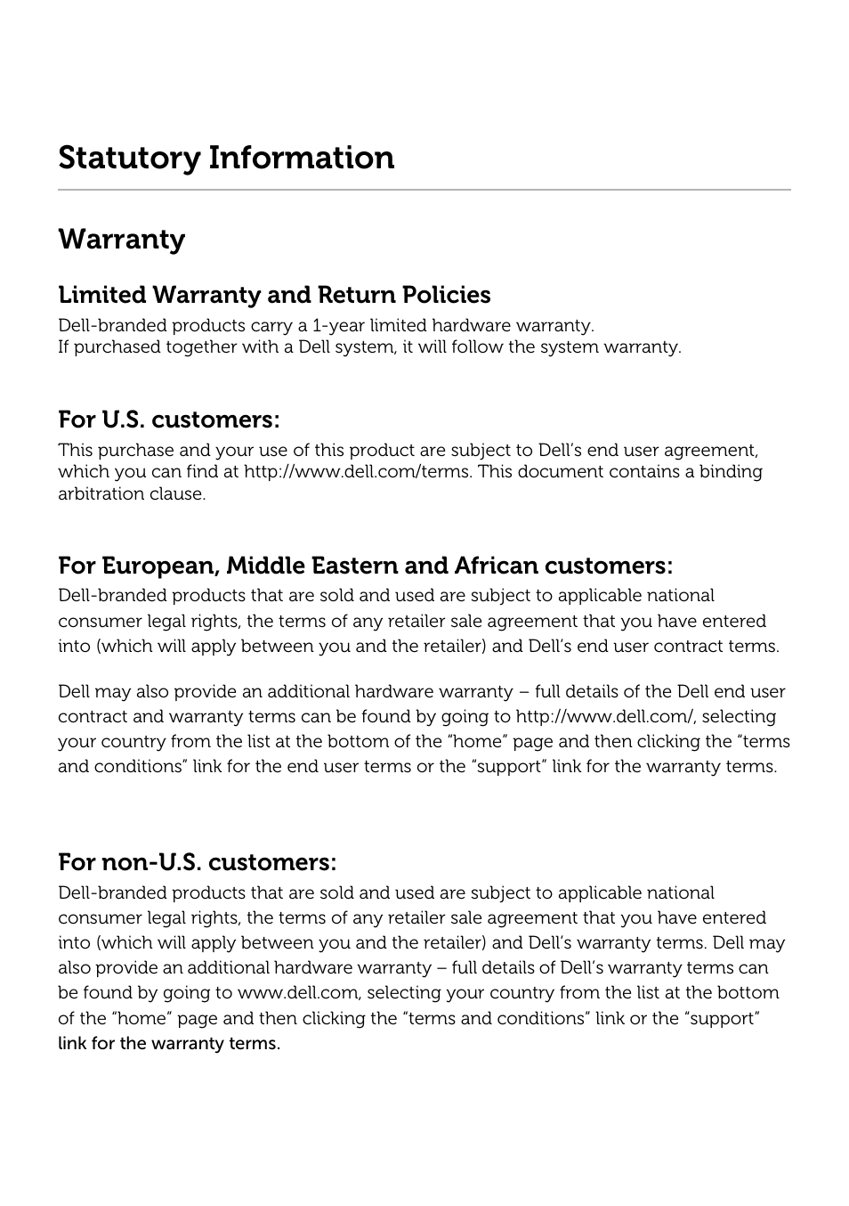 Statutory information, Warranty, Limited warranty and return policies | For u.s. customers, For european, middle eastern and african customers, For non-u.s. customers | Dell AD211 Bluetooth Portable Speaker User Manual | Page 30 / 32