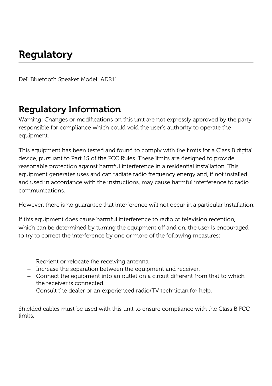 Regulatory, Regulatory information | Dell AD211 Bluetooth Portable Speaker User Manual | Page 31 / 32