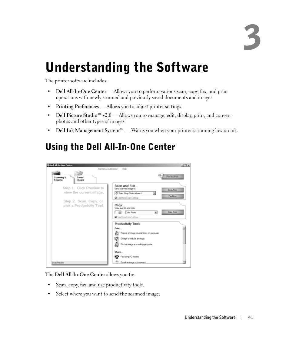 Understanding the software, Using the dell all-in-one center | Dell 924 All-in-One Photo Printer User Manual | Page 41 / 94