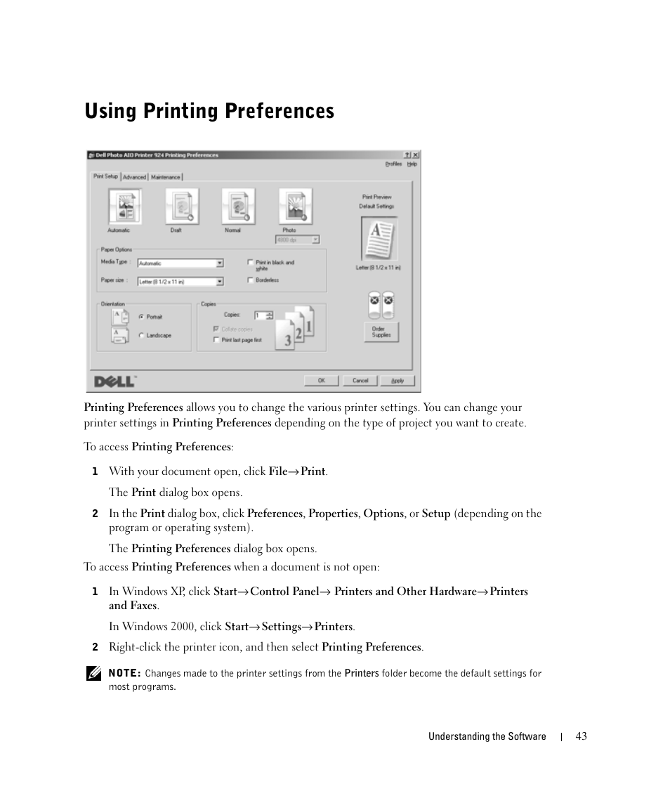 Using printing preferences | Dell 924 All-in-One Photo Printer User Manual | Page 43 / 94
