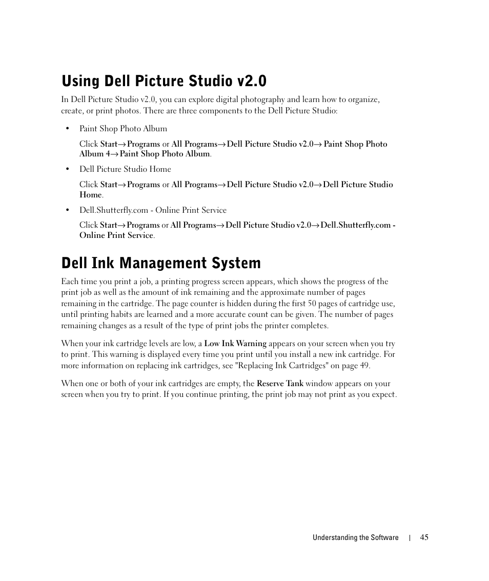 Using dell picture studio v2.0, Dell ink management system | Dell 924 All-in-One Photo Printer User Manual | Page 45 / 94