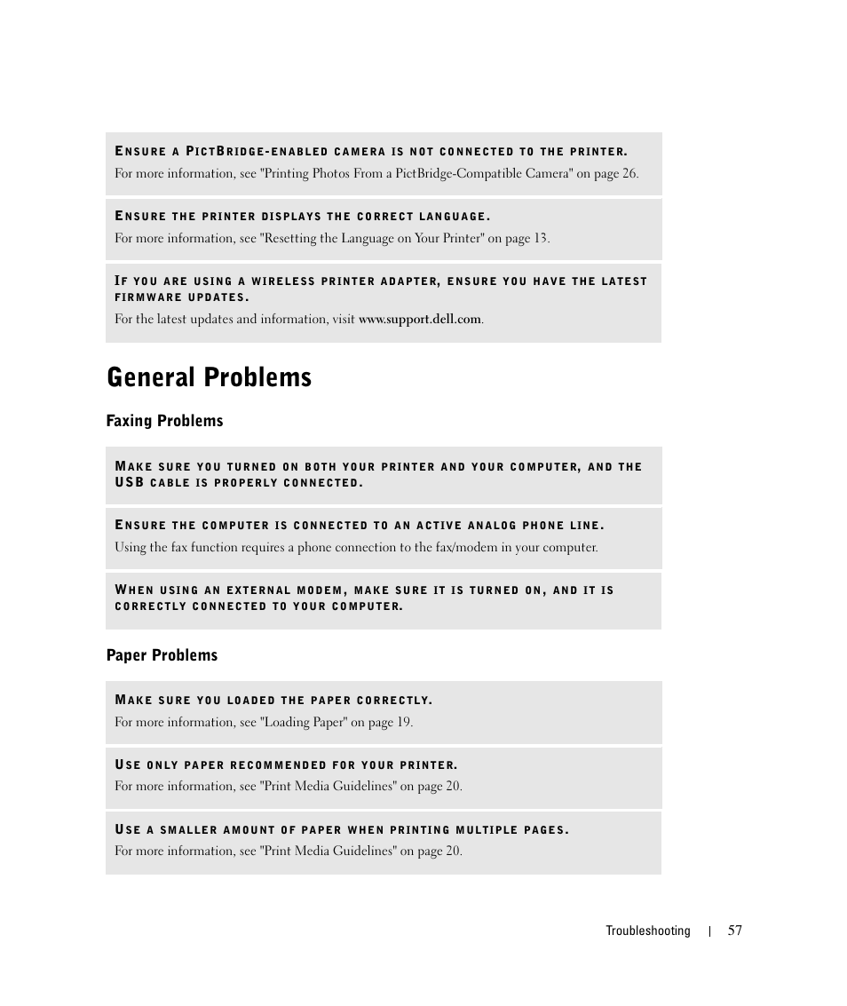 General problems, Faxing problems paper problems | Dell 924 All-in-One Photo Printer User Manual | Page 57 / 94