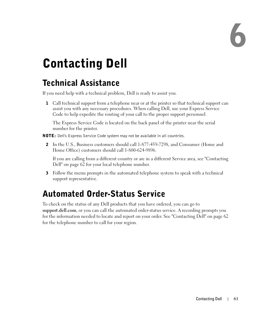 Contacting dell, Technical assistance, Automated order-status service | Dell 924 All-in-One Photo Printer User Manual | Page 61 / 94