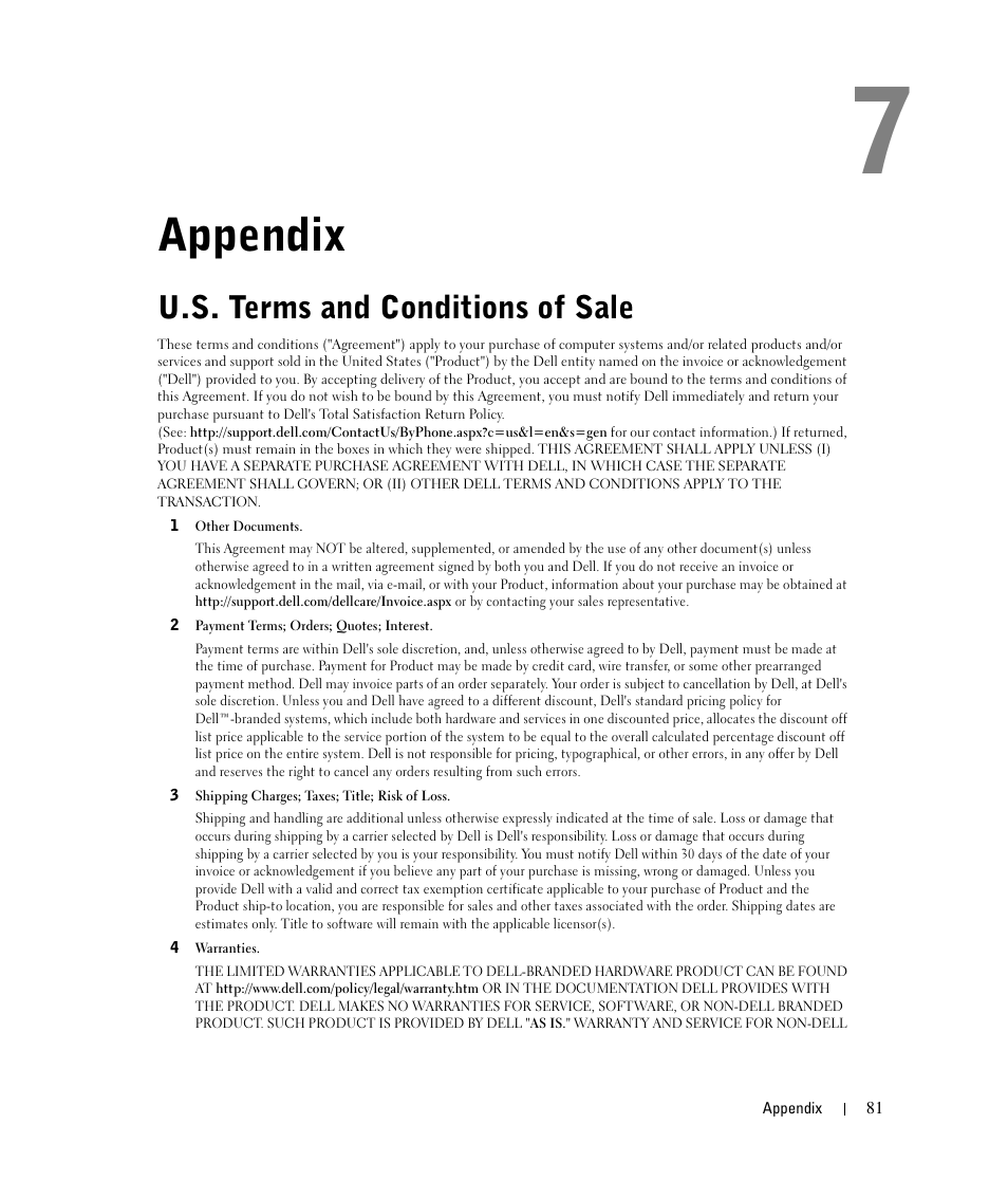 Appendix, U.s. terms and conditions of sale | Dell 924 All-in-One Photo Printer User Manual | Page 81 / 94