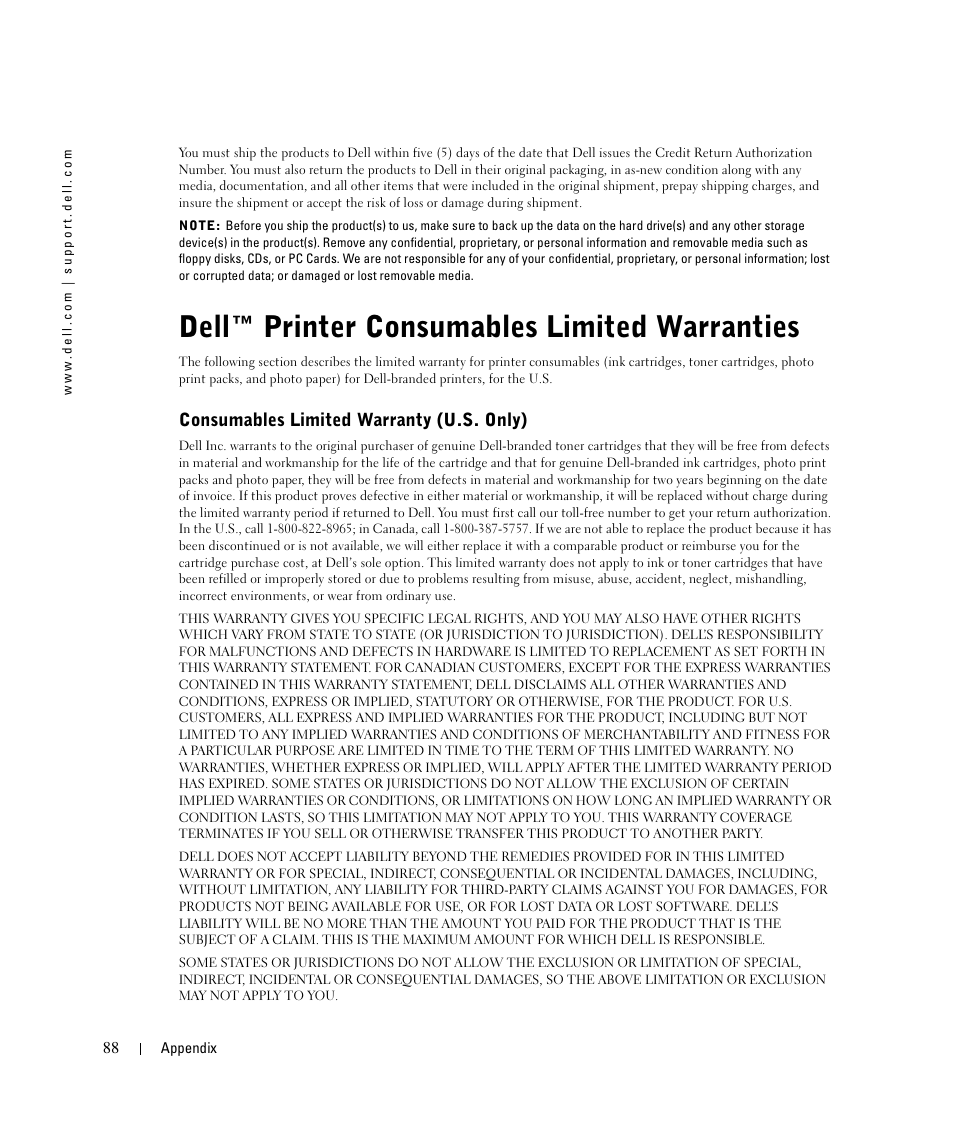 Dell™ printer consumables limited warranties, Consumables limited warranty (u.s. only) | Dell 924 All-in-One Photo Printer User Manual | Page 88 / 94