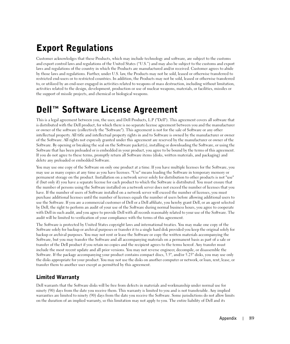 Export regulations, Dell™ software license agreement | Dell 924 All-in-One Photo Printer User Manual | Page 89 / 94