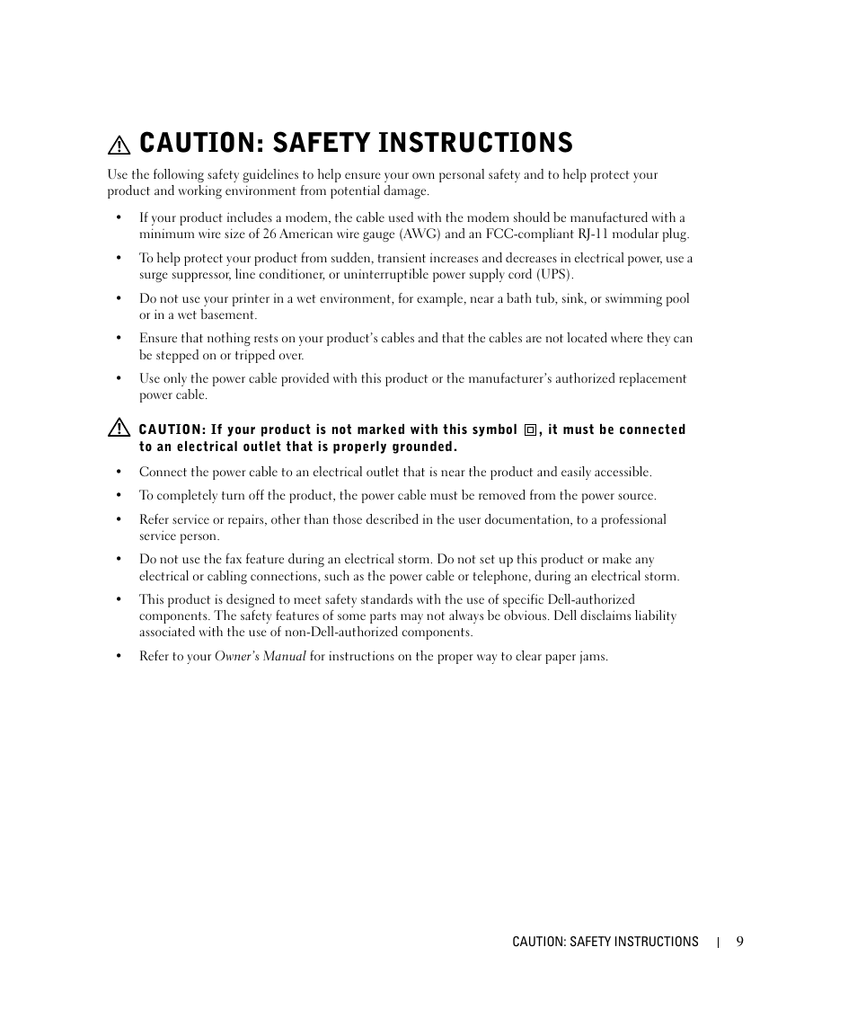 Caution: safety instructions | Dell 924 All-in-One Photo Printer User Manual | Page 9 / 94
