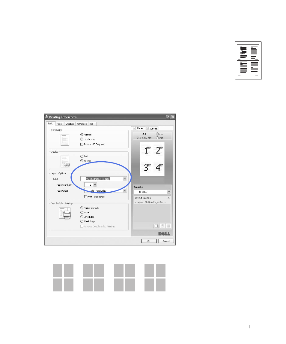 Of the paper, Printing multiple pages on one sheet of the paper | Dell 2355dn Multifunction Mono Laser Printer User Manual | Page 124 / 344