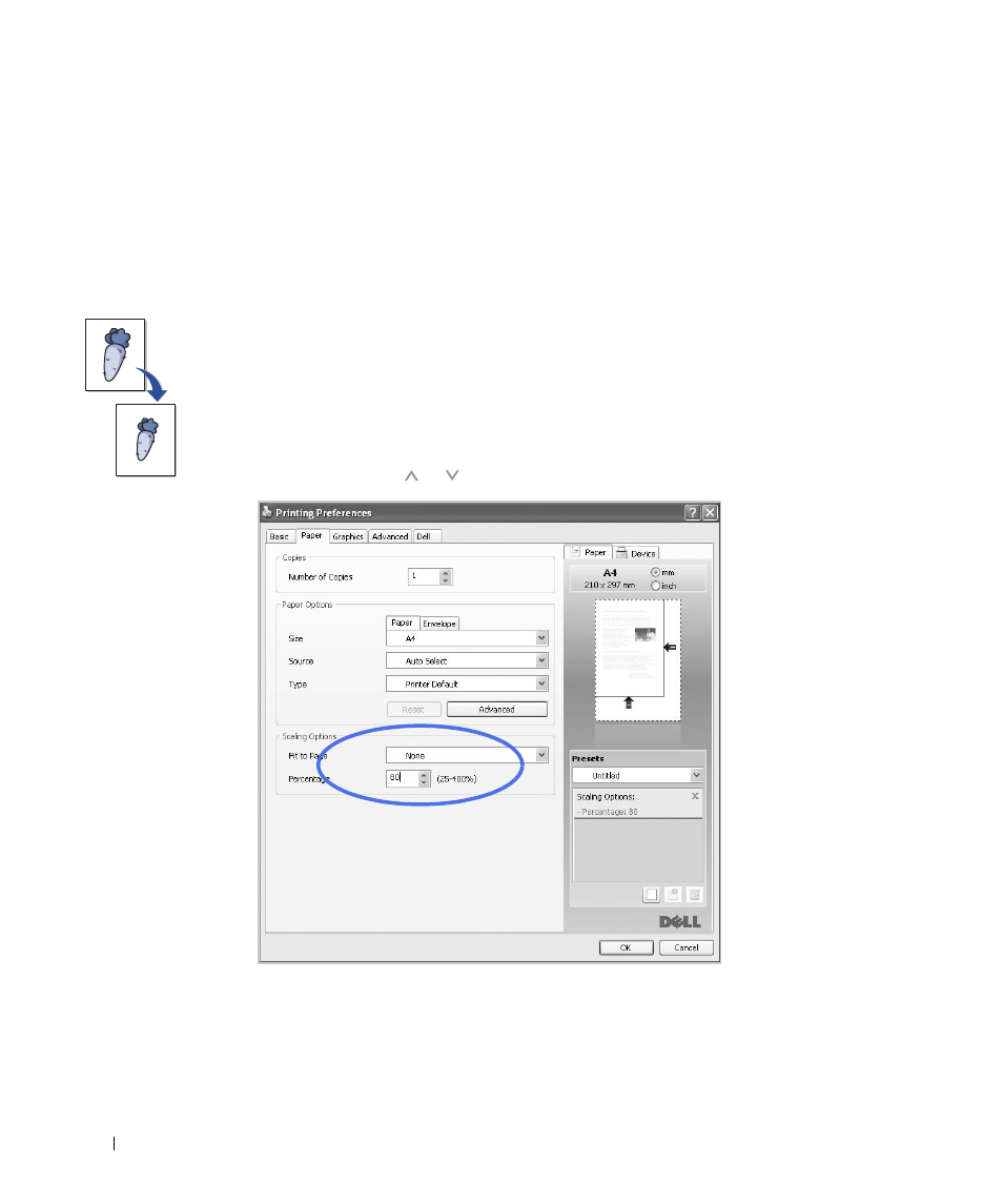 Change percentage of your document, Change percentage of your, Document | Dell 2355dn Multifunction Mono Laser Printer User Manual | Page 125 / 344