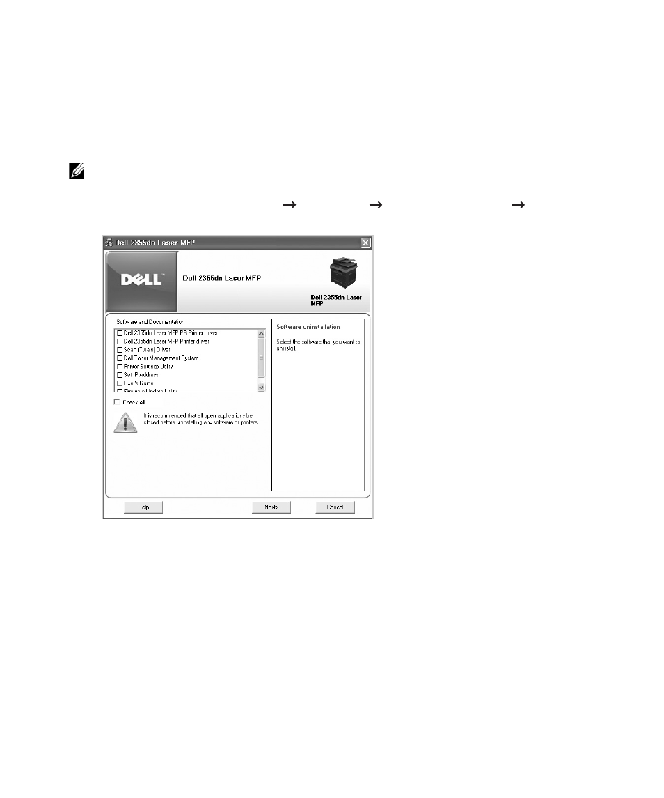 Uninstalling software | Dell 2355dn Multifunction Mono Laser Printer User Manual | Page 70 / 344