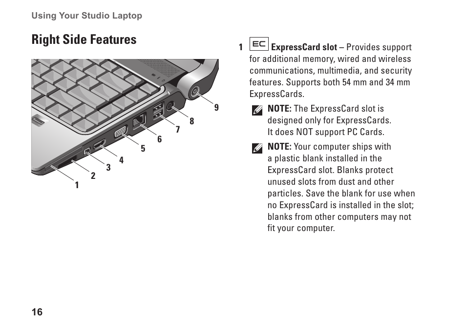 Right side features | Dell Studio 1435 (Late 2008) User Manual | Page 16 / 76