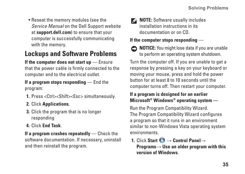 Lockups and software problems | Dell Studio 1435 (Late 2008) User Manual | Page 35 / 76