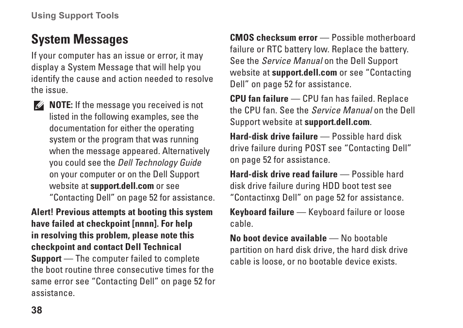 System messages | Dell Studio 1435 (Late 2008) User Manual | Page 38 / 76