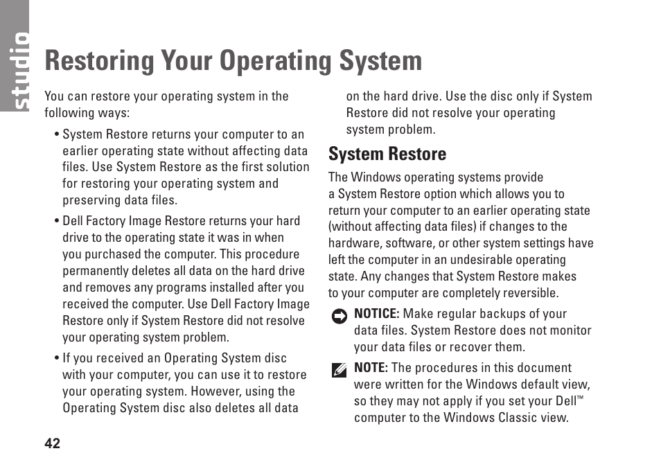 Restoring your operating system, System restore | Dell Studio 1435 (Late 2008) User Manual | Page 42 / 76