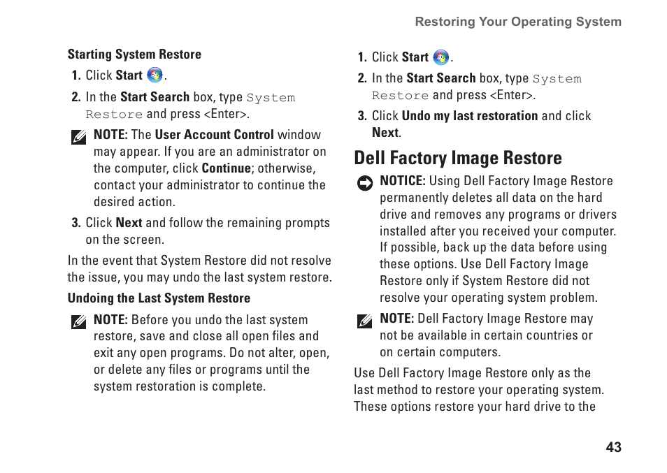 Dell factory image restore | Dell Studio 1435 (Late 2008) User Manual | Page 43 / 76