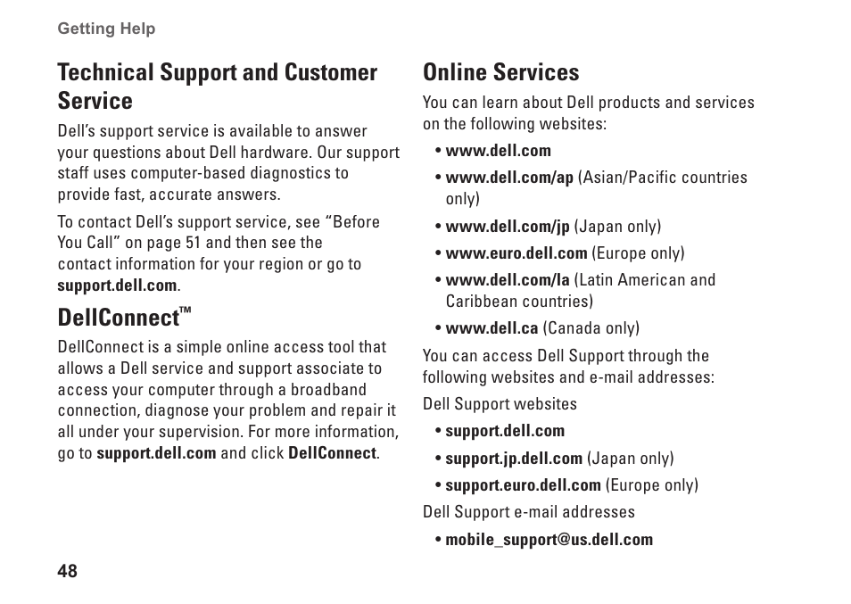 Technical support and customer service, Dellconnect, Online services | Technical support and customer, Service dellconnect | Dell Studio 1435 (Late 2008) User Manual | Page 48 / 76