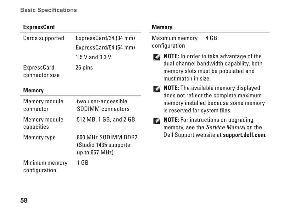 Dell Studio 1435 (Late 2008) User Manual | Page 58 / 76