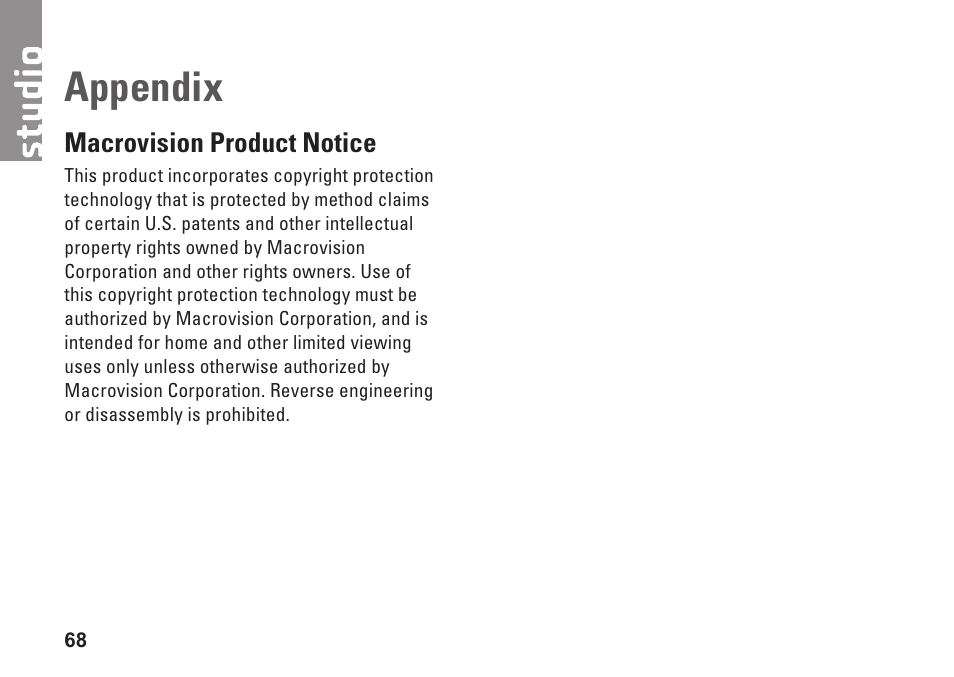 Appendix, Macrovision product notice | Dell Studio 1435 (Late 2008) User Manual | Page 68 / 76