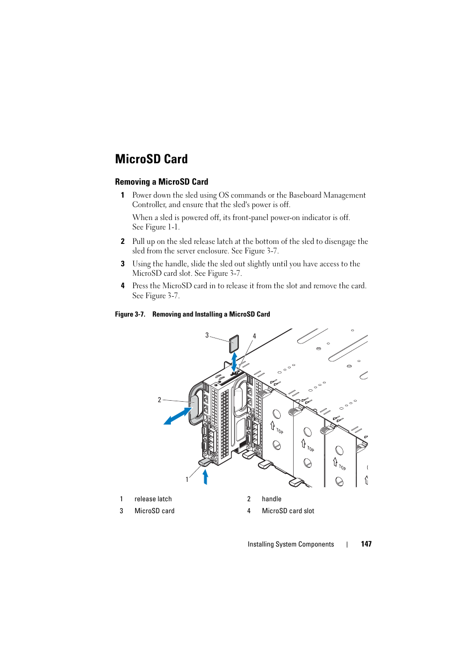 Microsd card, Removing a microsd card | Dell PowerEdge C8000 User Manual | Page 147 / 248