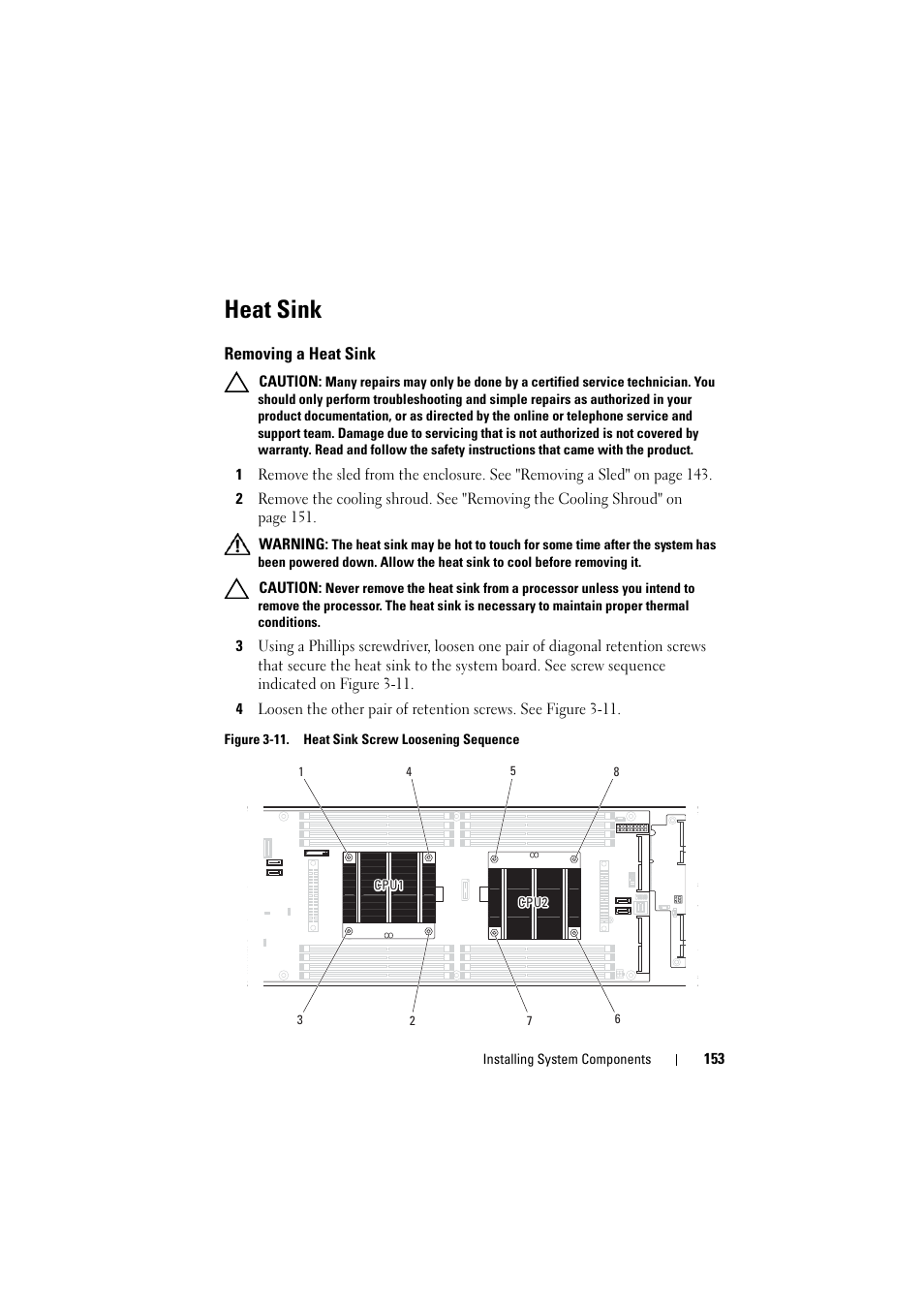 Heat sink, Removing a heat sink | Dell PowerEdge C8000 User Manual | Page 153 / 248