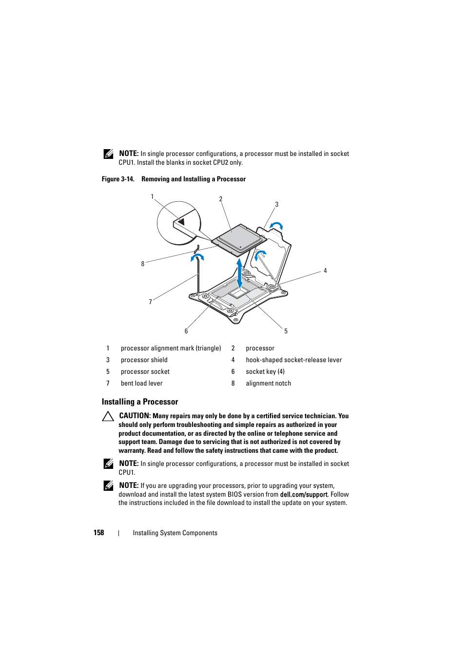 Installing a processor, Position. see figure 3-14, See figure 3-14 | Dell PowerEdge C8000 User Manual | Page 158 / 248