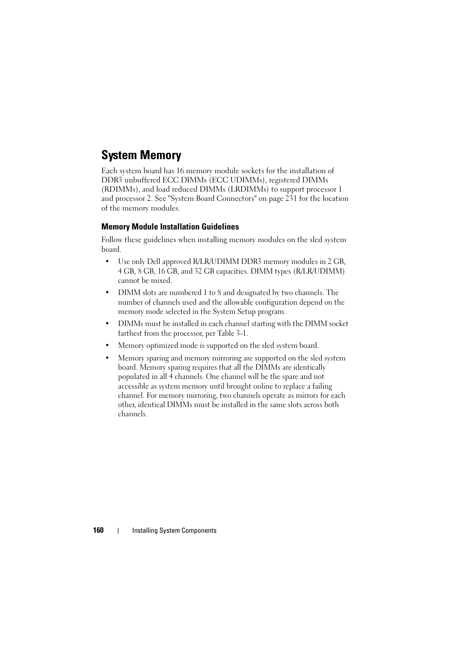 System memory, Memory module installation guidelines | Dell PowerEdge C8000 User Manual | Page 160 / 248