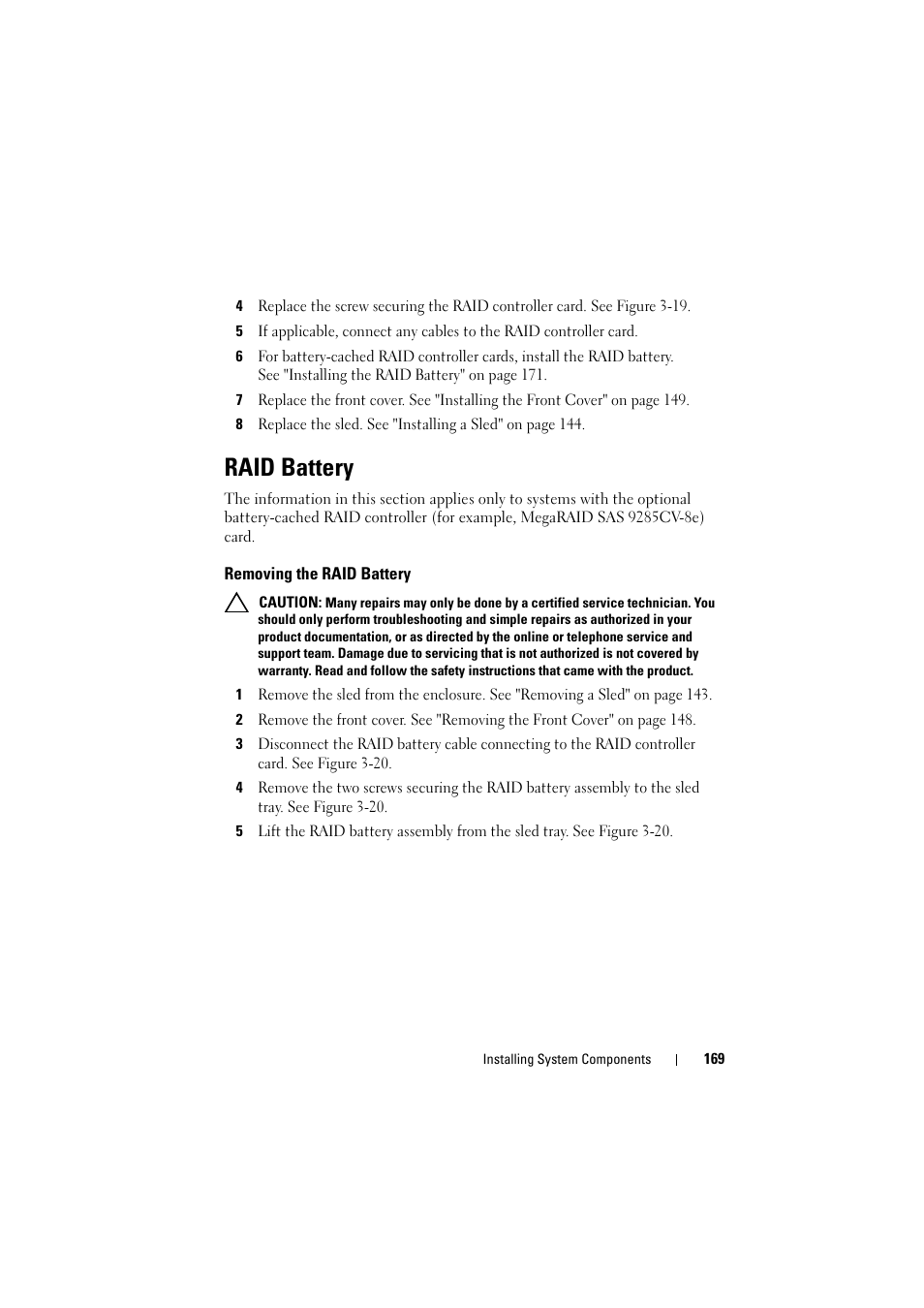Raid battery, Removing the raid battery | Dell PowerEdge C8000 User Manual | Page 169 / 248