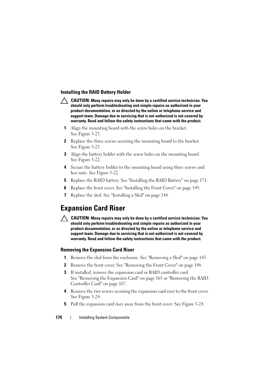 Installing the raid battery holder, Expansion card riser, Removing the expansion card riser | Dell PowerEdge C8000 User Manual | Page 174 / 248